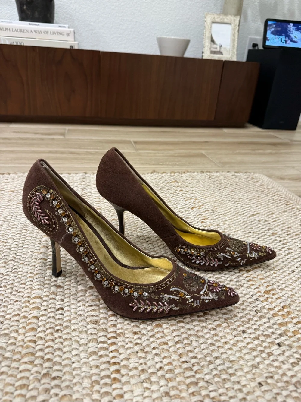 Vintage Y2K Bakers Embellished Suede Pointed Toe Pumps